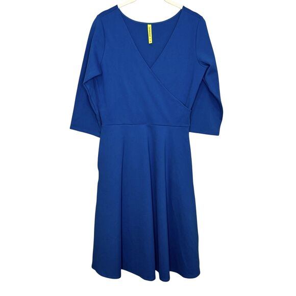 Betabrand Round-Trip Dress Medium Blue 3/4 Sleeve Faux Wrap Fit Flare Comfy Work - Picture 1 of 8